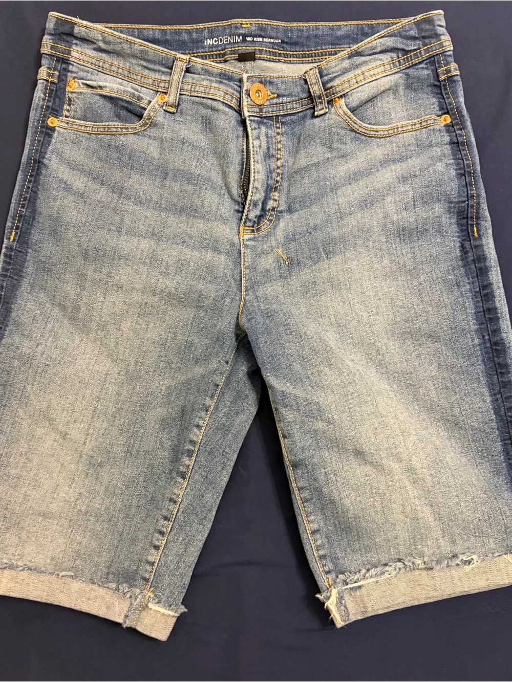 Womens Faded Blue Denim Bermuda Shorts with Indigo Trim Size 12